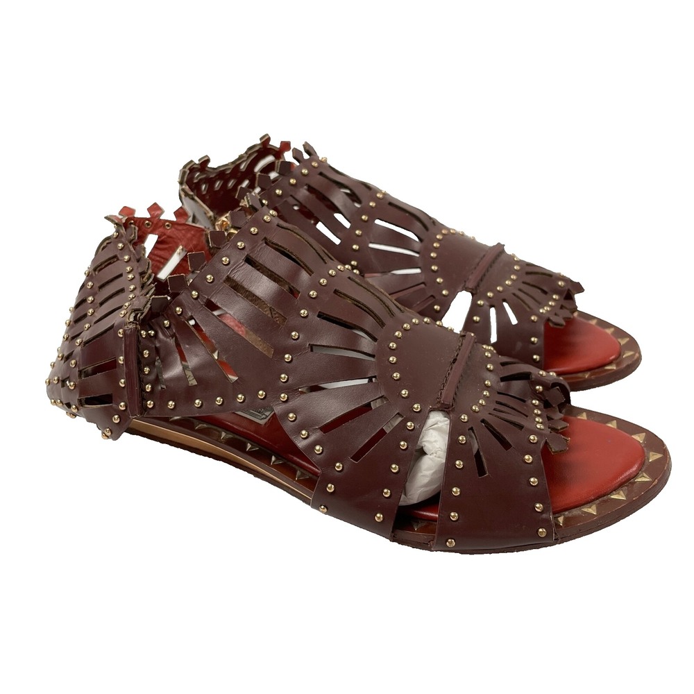 Ivy Kirzhner Brown Laser Cut Statement Sandal Womens 8 Gold Studded Side Zip
